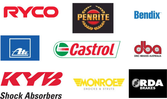 logos for Ryco, Penrite, Bendix, Castol, DBA, KYB, Monroe and RDA Brakes